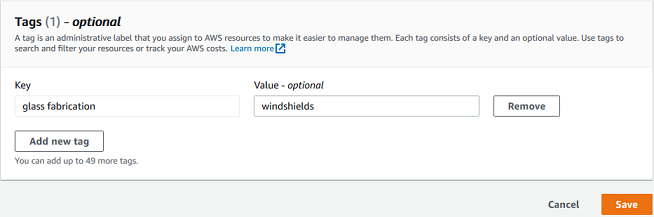 Tag creation interface with key and value fields, and options to add or remove tags.