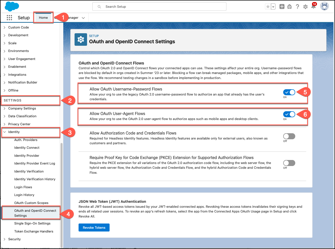 OAuth and OpenID Connect settings page with options to allow username-password and user-agent flows.