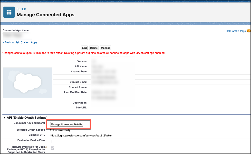 Manage Connected Apps interface with options to edit, delete, and manage app details.