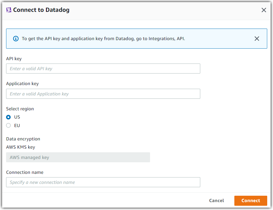 Datadog connection form with API key, Application key, region selection, and encryption options.