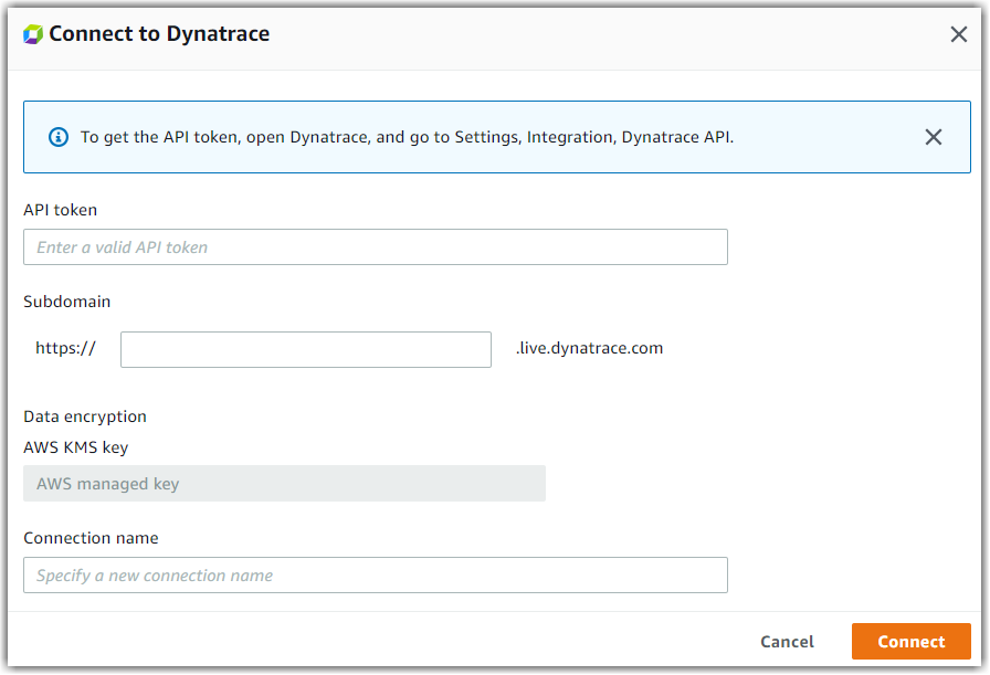 Dynatrace connection form with fields for API token, subdomain, data encryption, and connection name.