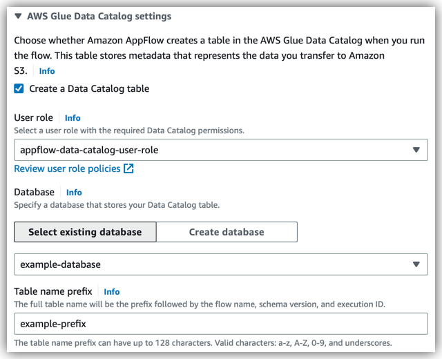 Example configuration of the AWS Glue Data Catalog settings on the Configure flow page.