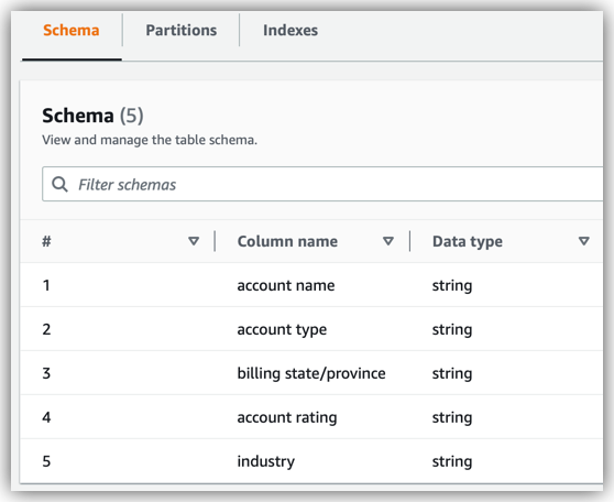 Schema information on the table details page in the Data Catalog console.