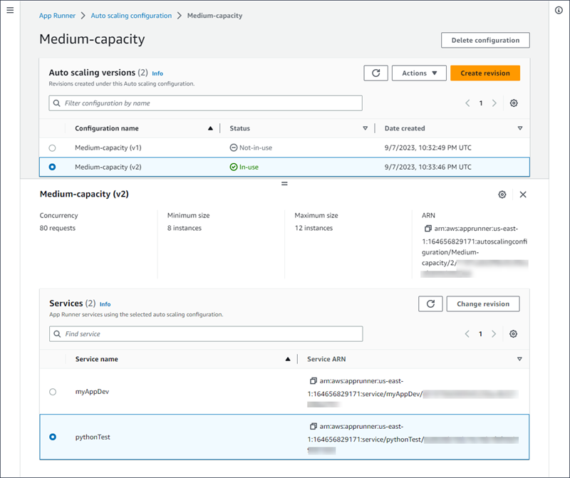 App Runner Auto scaling revisions page with split panel beneath that displays the services associated the selected revision.