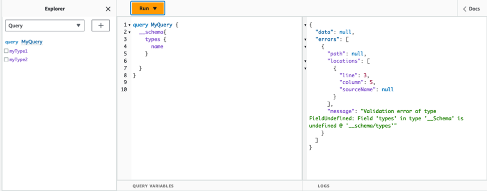 GraphQL query editor showing a validation error for undefined 'types' field in '_Schema'.