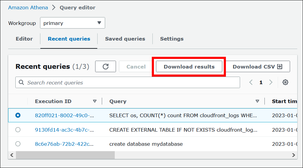 Viewing and downloading recent queries in the Athena console.