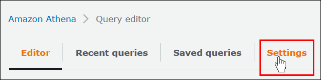 The Settings tab of the Athena query editor.