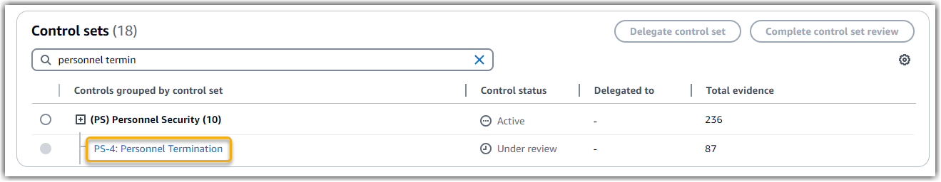 Screenshot that shows the control in an assessment.