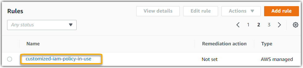 A managed rule with a customized name in the rules table of the AWS Config console.