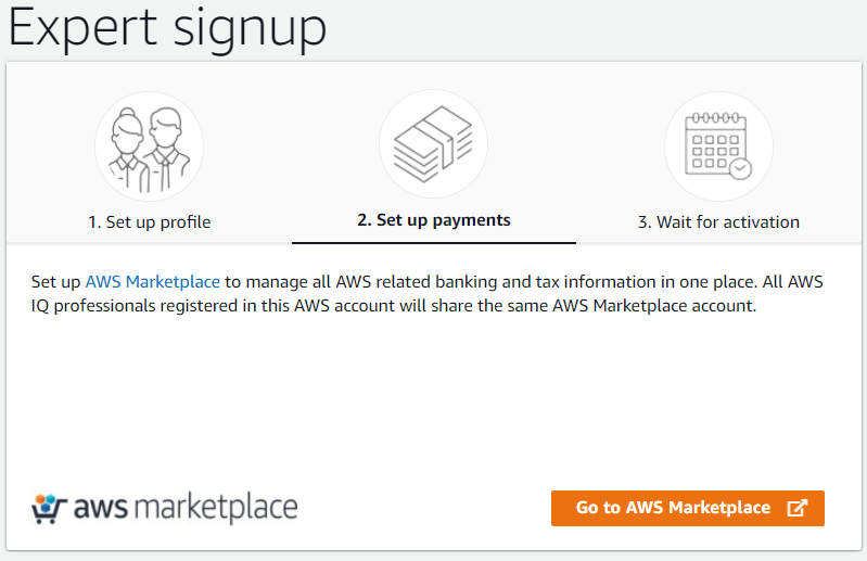 Set up payments section of Expert signup with the Go to AWS Marketplace button.