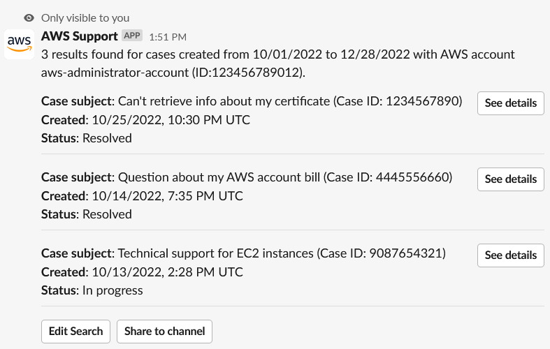 Search results for resolved support cases in Slack.