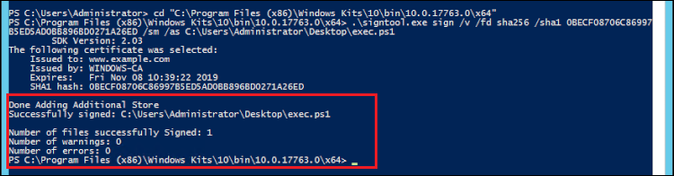 The .ps1 file was successfully signed.