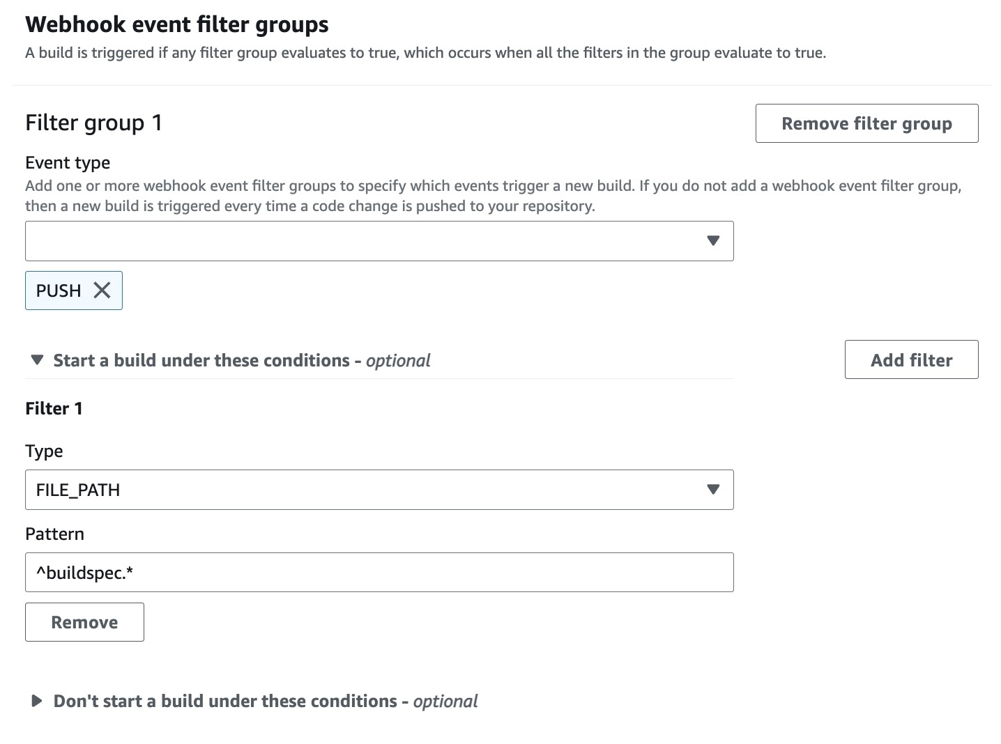 A webhook filter group that triggers a build only when files with names that match the regular expression specified.