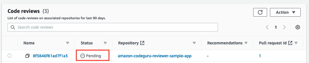 GitHub tutorial step 5: CodeGuru Reviewer analysis status