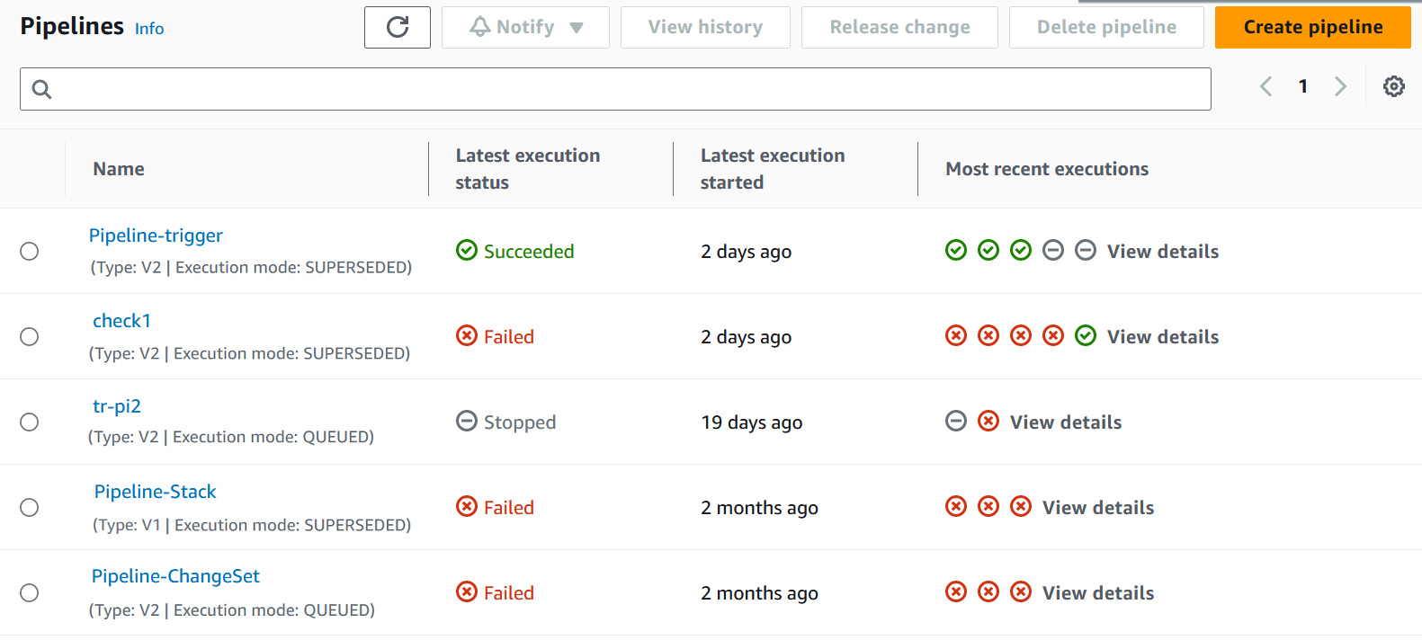 The console view of the pipelines listing shows the name, status, type, and most recent executions for each pipeline.