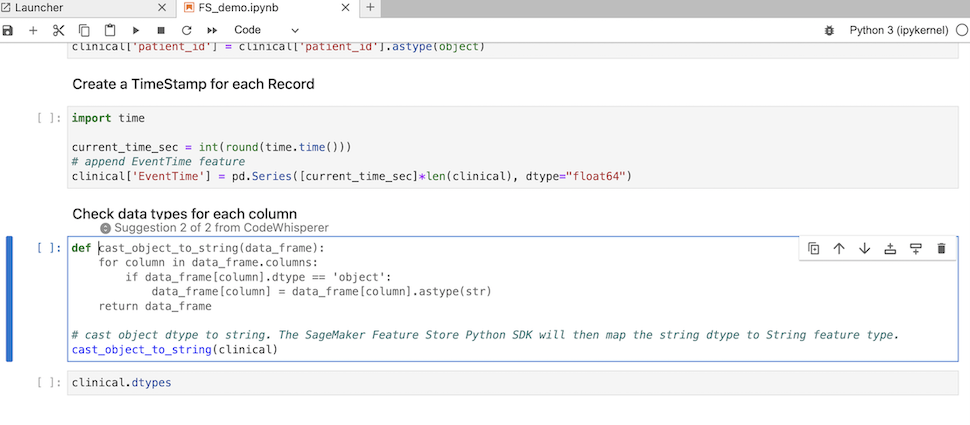An example of CodeWhisperer in use with JupyterLab.