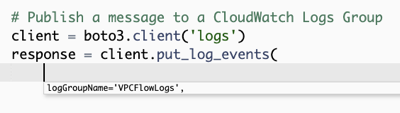 A screenshot that shows the next few CodeWhisperer recommendations that begin to form the implementation the function to publish messages to a CloudWatch Logs log group.
