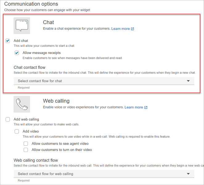 The communication widget page configured for chat and web calling.