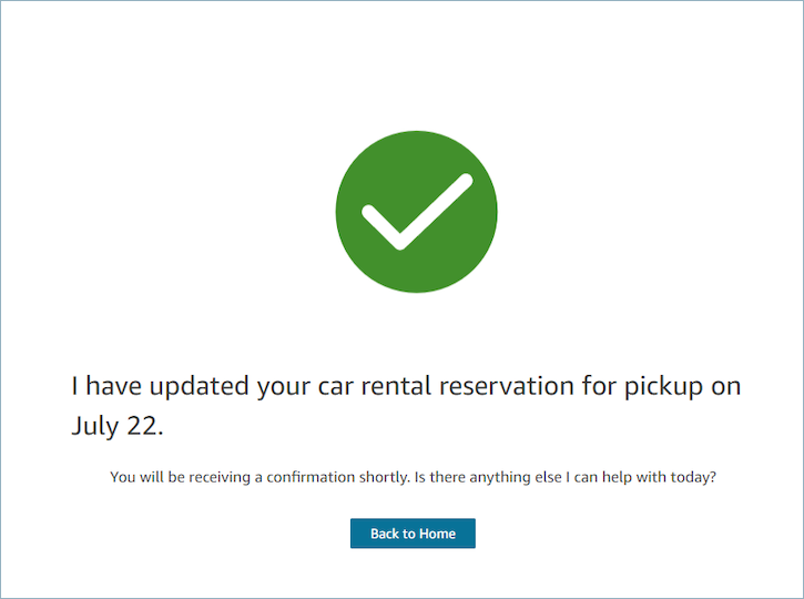 The confirmation view, a check mark and text to confirm the car rental.