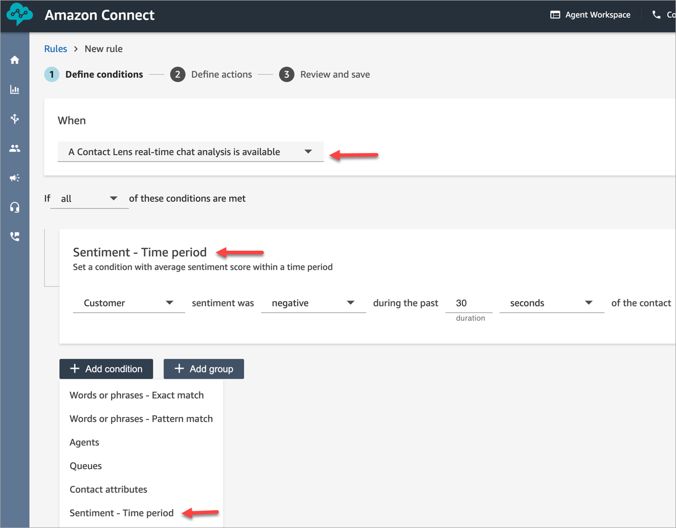 The conditions for a real-time chat analysis rule.