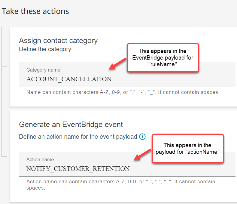 The take these actions section, the assign contact category section, the Generate an EventBridge event section.