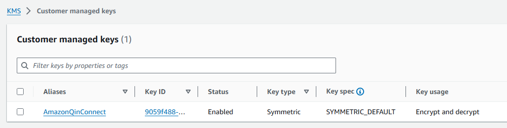 The Customer managed keys page showing a typical key.