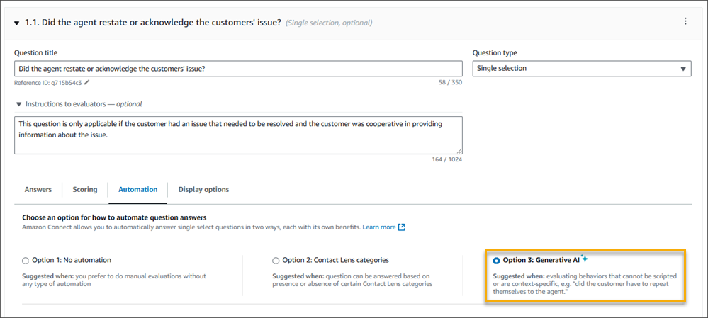 A question section, the generative AI Contact Lens option.