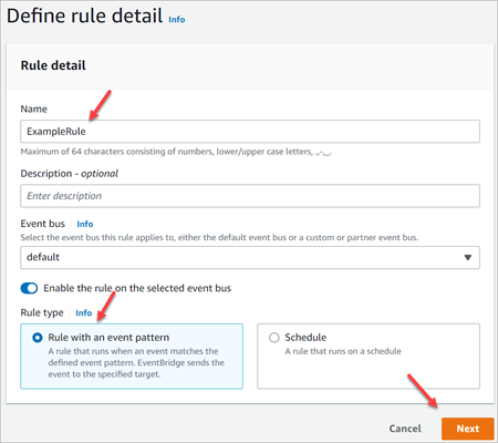 The define rule detail page in the EventBridge console.