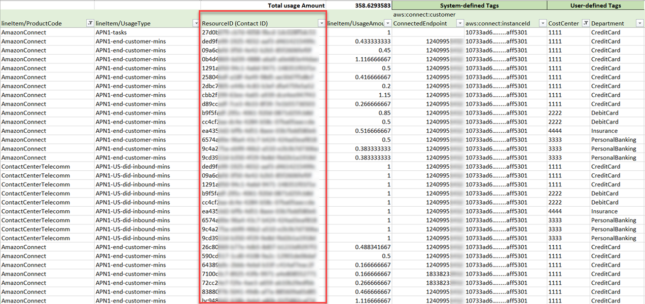 A sample cost and usage report with resource IDs.