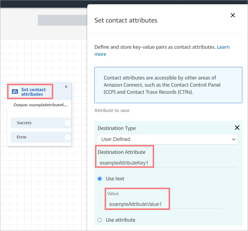 The properties page of the Set contact attributes block.