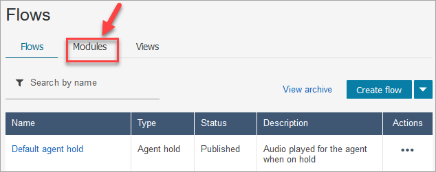 The Flows page, the Modules tab.