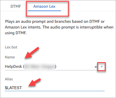 The Amazon Lex tab, the name and alias of the bot.