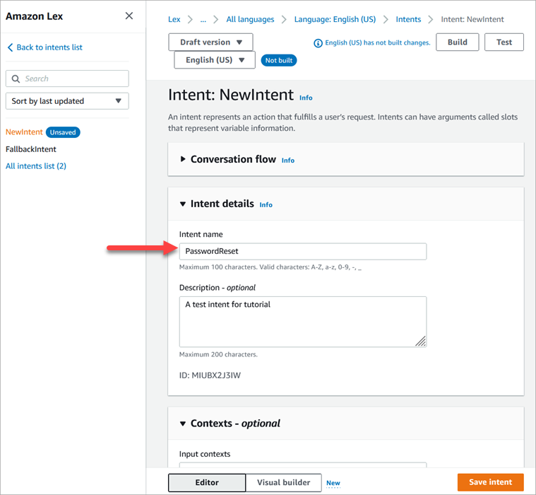 The Amazon Lex console, the Intent page, the Intent details section, the intent name.