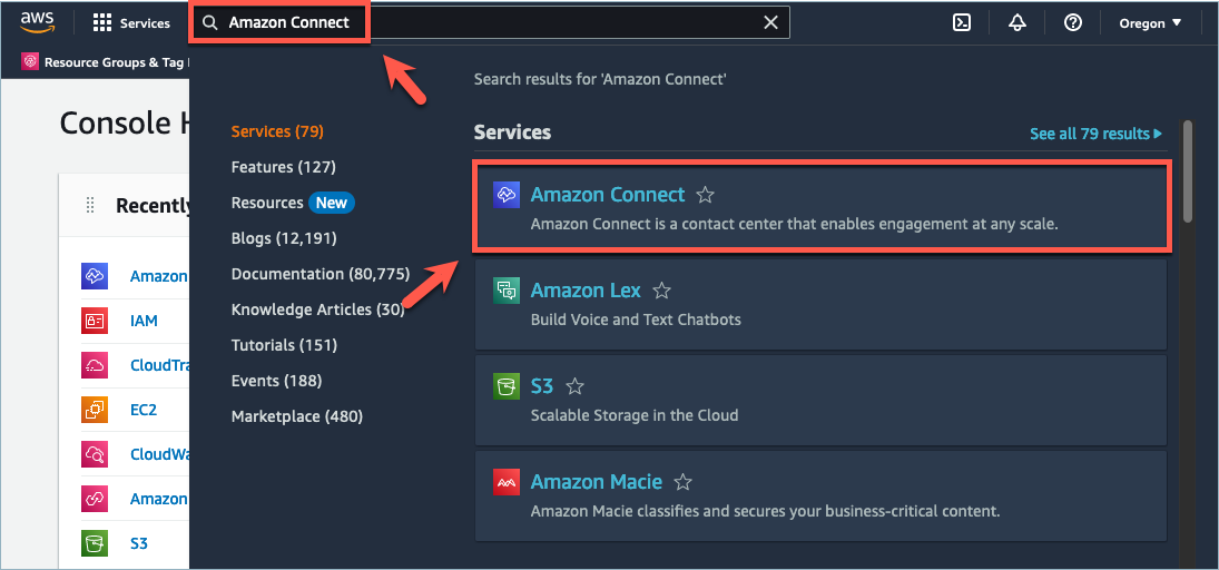 The AWS Management Console, the search box, Amazon Connect