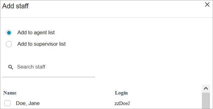 The add staff section, the add to agent list option, the name Doe, Jane.