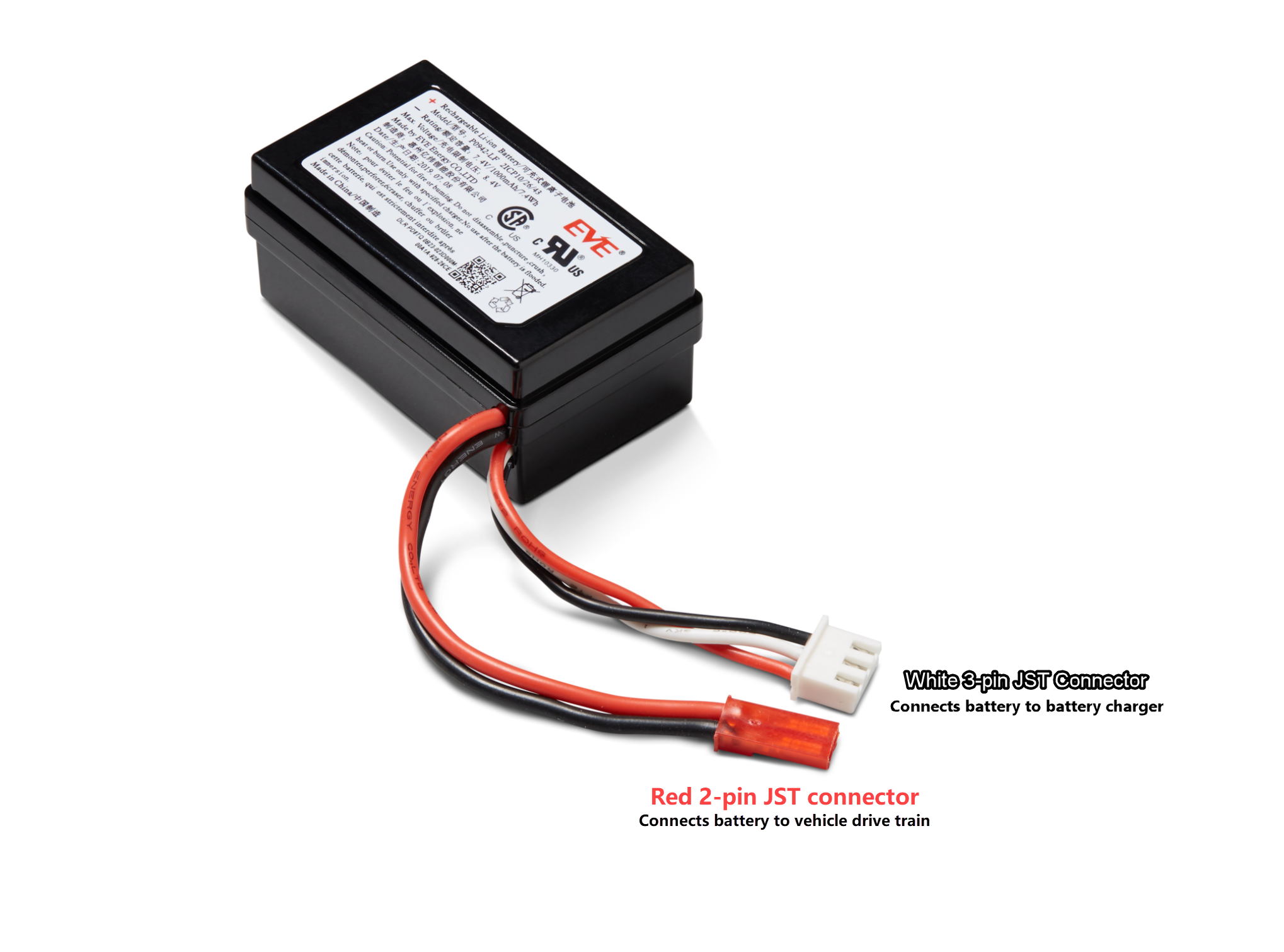 Image: The vehicle's drive module battery's red and white connectors are labeled. The white 3-pin connector, at the end of the black, red, and white cables, connects the vehicle module battery to its battery charger. The red 2-pin connector, at the end of the black and red cables connects the battery to the vehicle drive train.