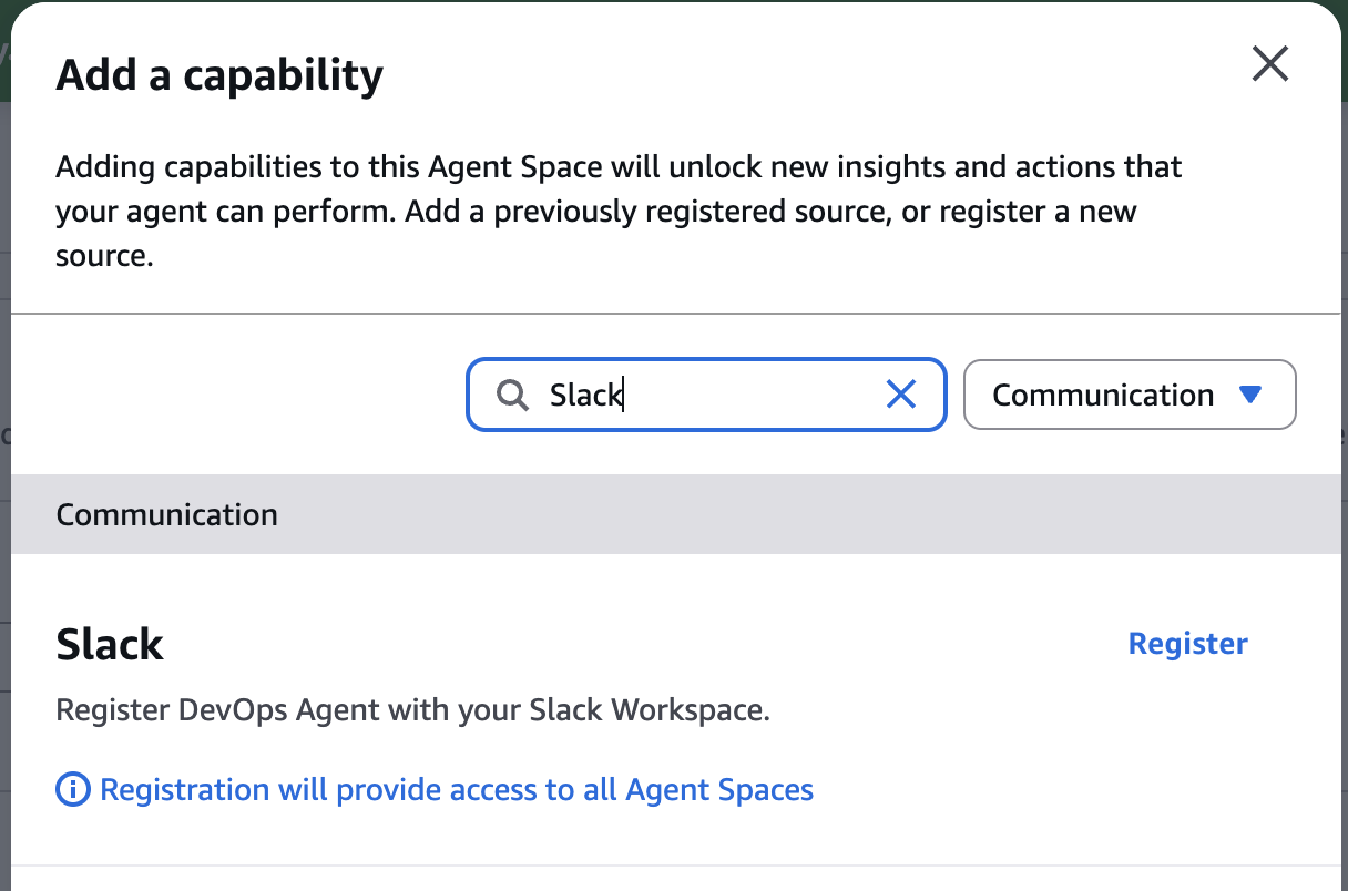 Add a capability dialog showing Slack under Communication with the Register option.