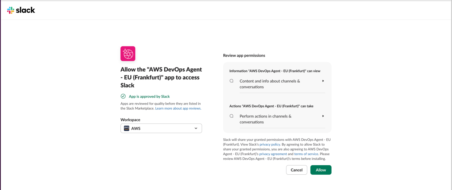 Slack authorization page showing the workspace selector, requested permissions, and the Allow button.