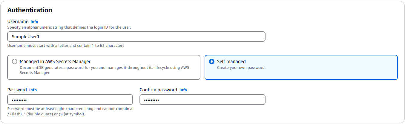 Authentication type selection with Managed in AWS Secrets Manager option highlighted and both authentication types described.