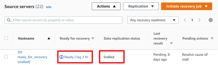 Source servers table showing one server with "Ready" and "Stalled" status, pending actions available.