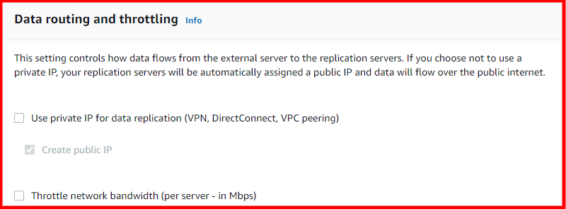 Data routing options with checkboxes for private IP, public IP, and network bandwidth throttling.