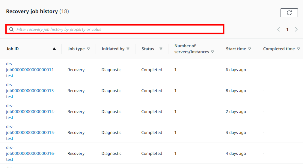 Recovery job history table showing completed diagnostic jobs with start times and server counts.