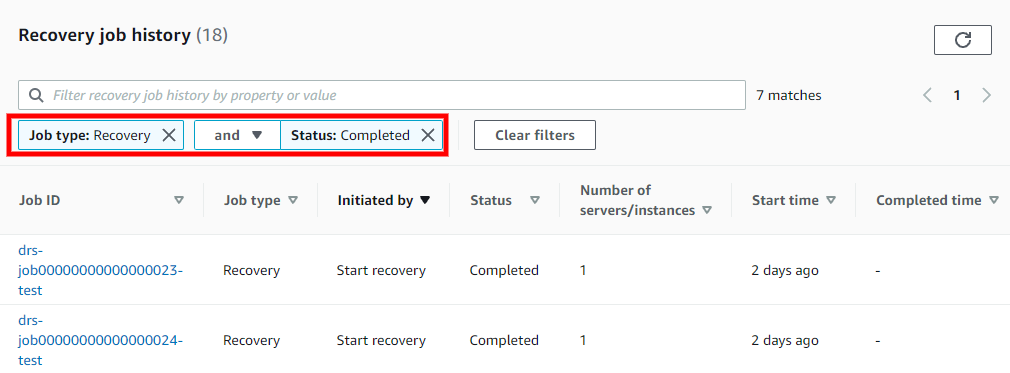 Recovery job history table filtered to show completed Recovery jobs.
