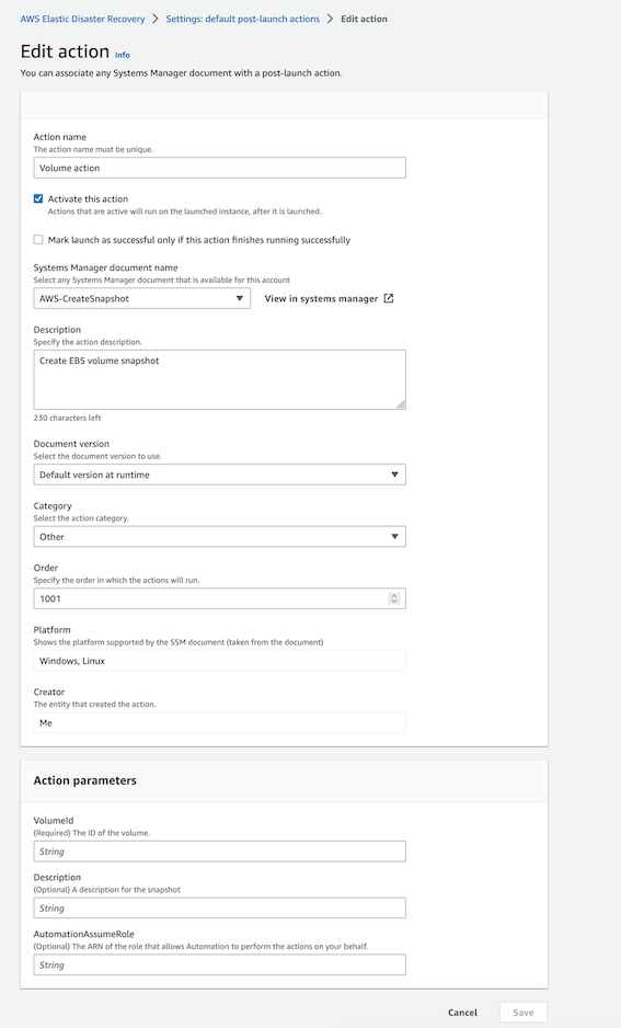 Edit action form for AWS Elastic Disaster Recovery with fields for action details and parameters.