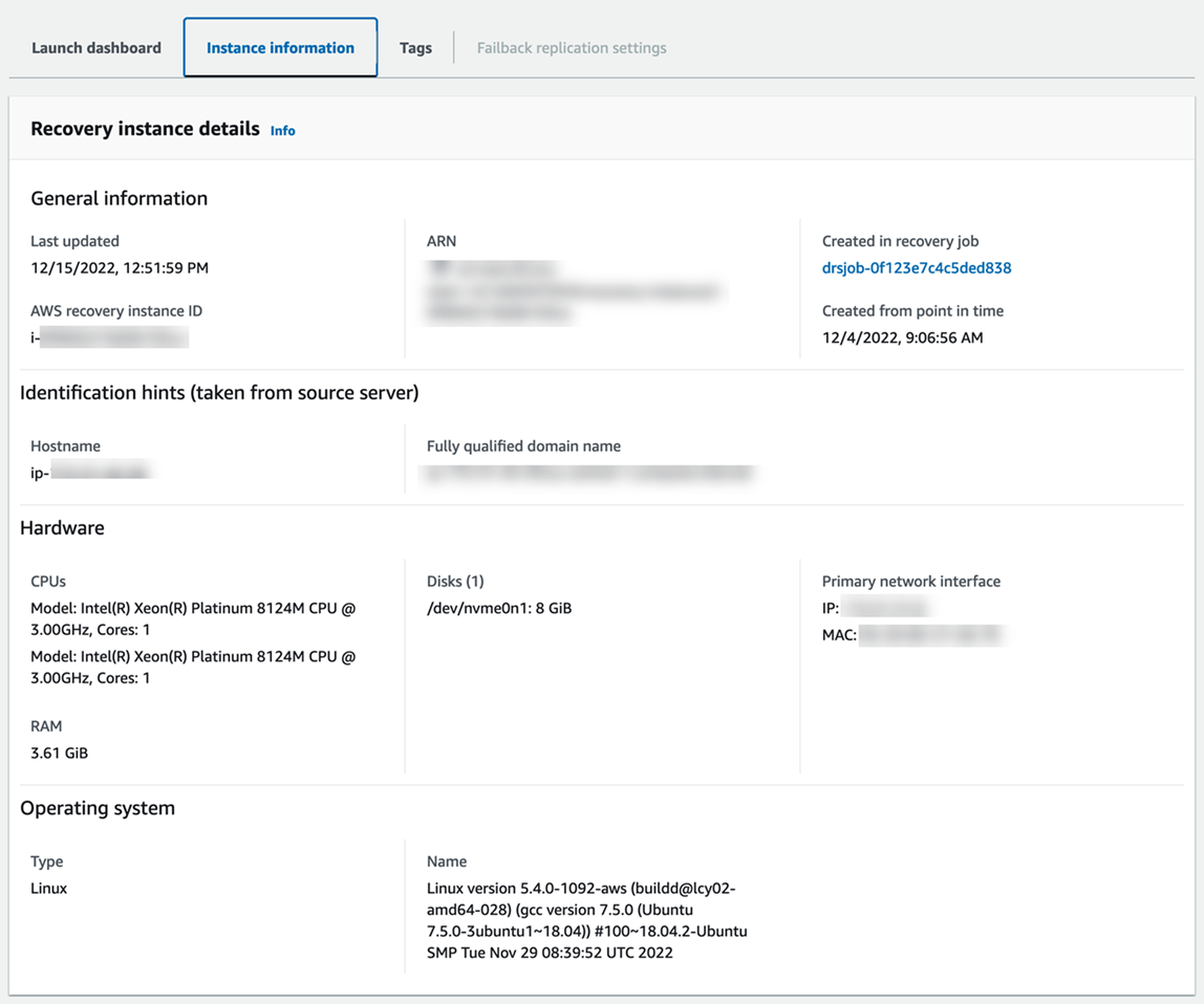 Recovery instance details showing general information, hardware specs, and OS details.