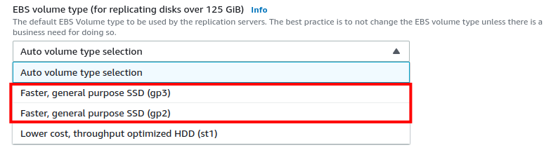 EBS volume type dropdown showing Auto selection and SSD options gp3 and gp2.