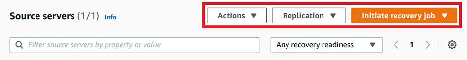 Command menu buttons for Actions, Replication, and Initiate recovery job options.