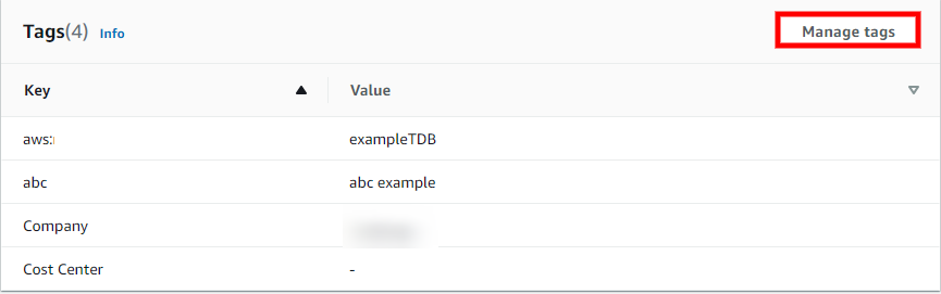 Table displaying tags with keys and values, and a "Manage tags" button in the top right corner.