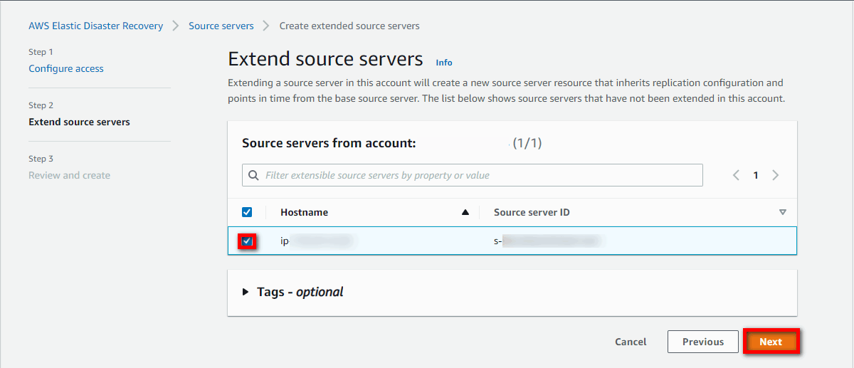 Source server selection interface for extending servers in AWS Elastic Disaster Recovery.