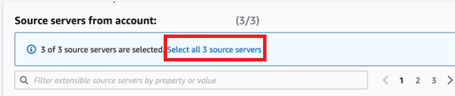 Source servers selection interface showing 3 of 3 servers selected with option to select all.